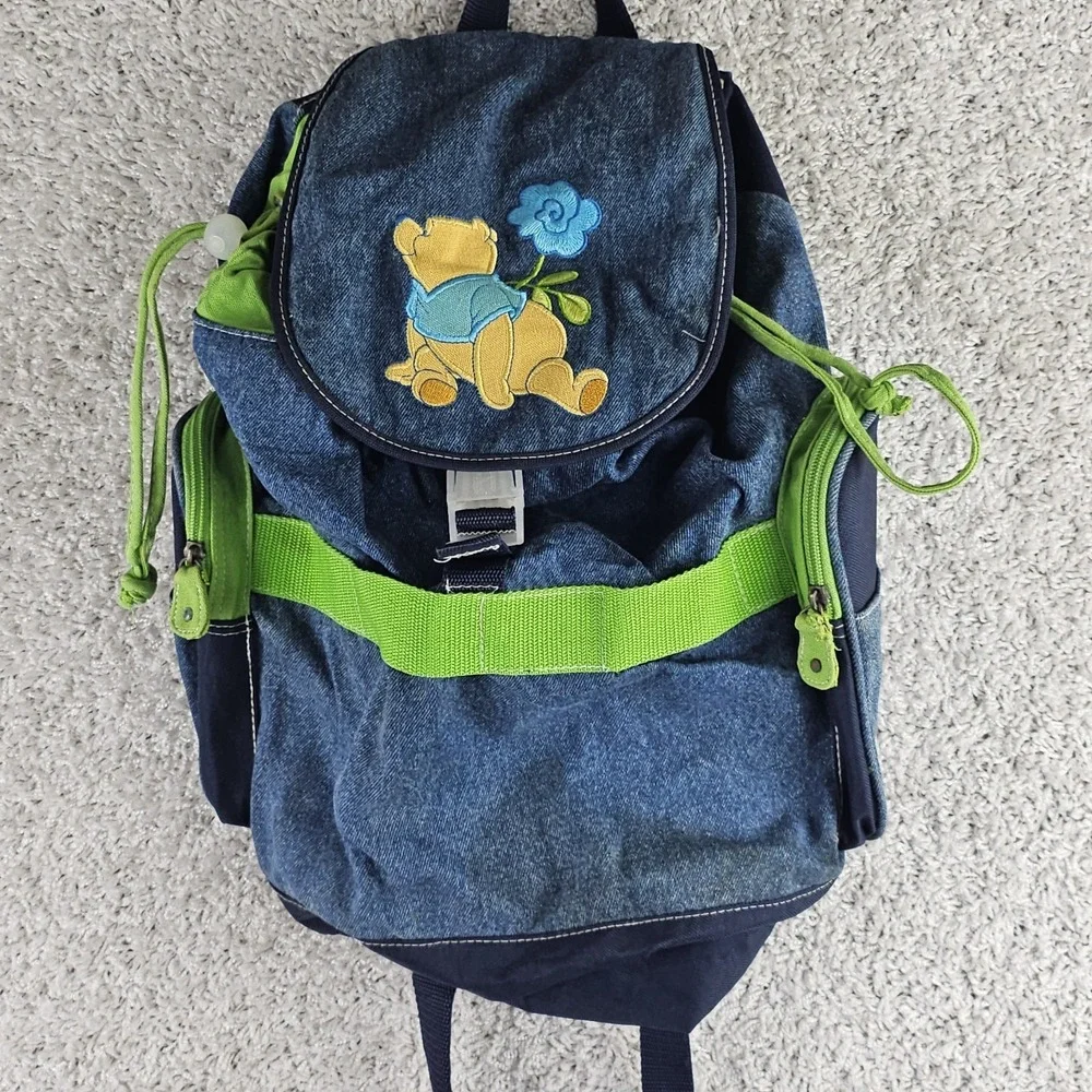 Vintage Winnie The Pooh Denim Embroidered Drawstring Buckle Backpack Satchel
